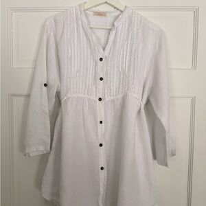 Vintage cottagecore/coastal chic Pike 100% linen pintucked button down blouse